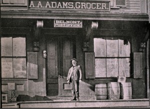 After returning from the Civil War, Joseph Frost worked in A. A. Adams' grocery store in Belmont. That building is no longer standing.