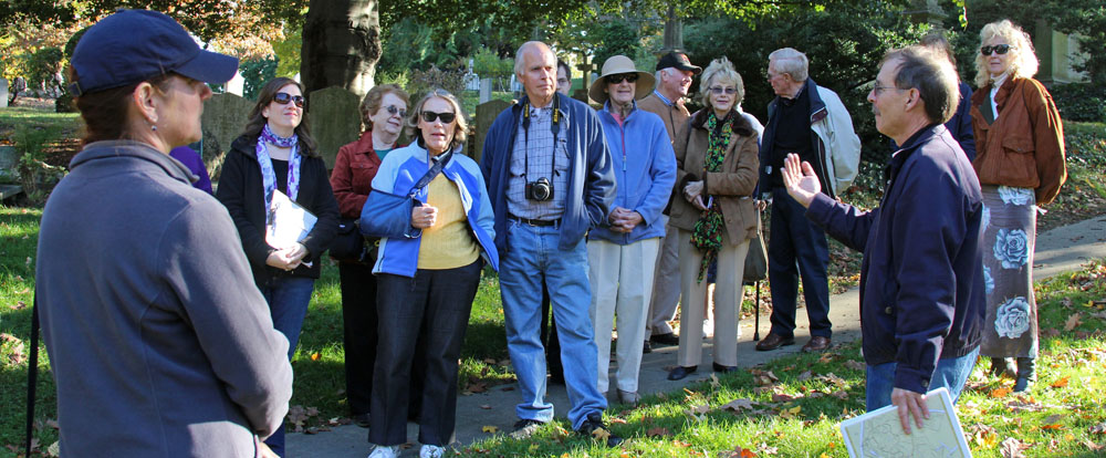 Members of the Belmont Historical Society and their guide during the tour of Mount Auburn Cemetery