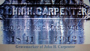 The marker of the grave of John Carpenter of Belmont. After the Civil War, he married and moved to Fitchburg.