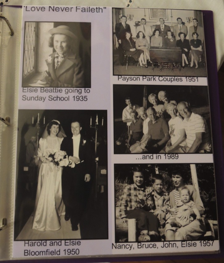 This page of the Memory Book is devoted to Elsie Beattie who is shown at various milestones over a 54-year period beginning as a Sunday School student at Payson Park Church in 1935.