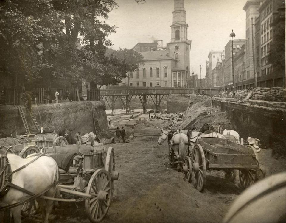 Construction of the first section of the Red Line subway in 1895 along Tremont Street beside the Boston Common. (Photograph from the Boston Carmen's Union, Local 589)
